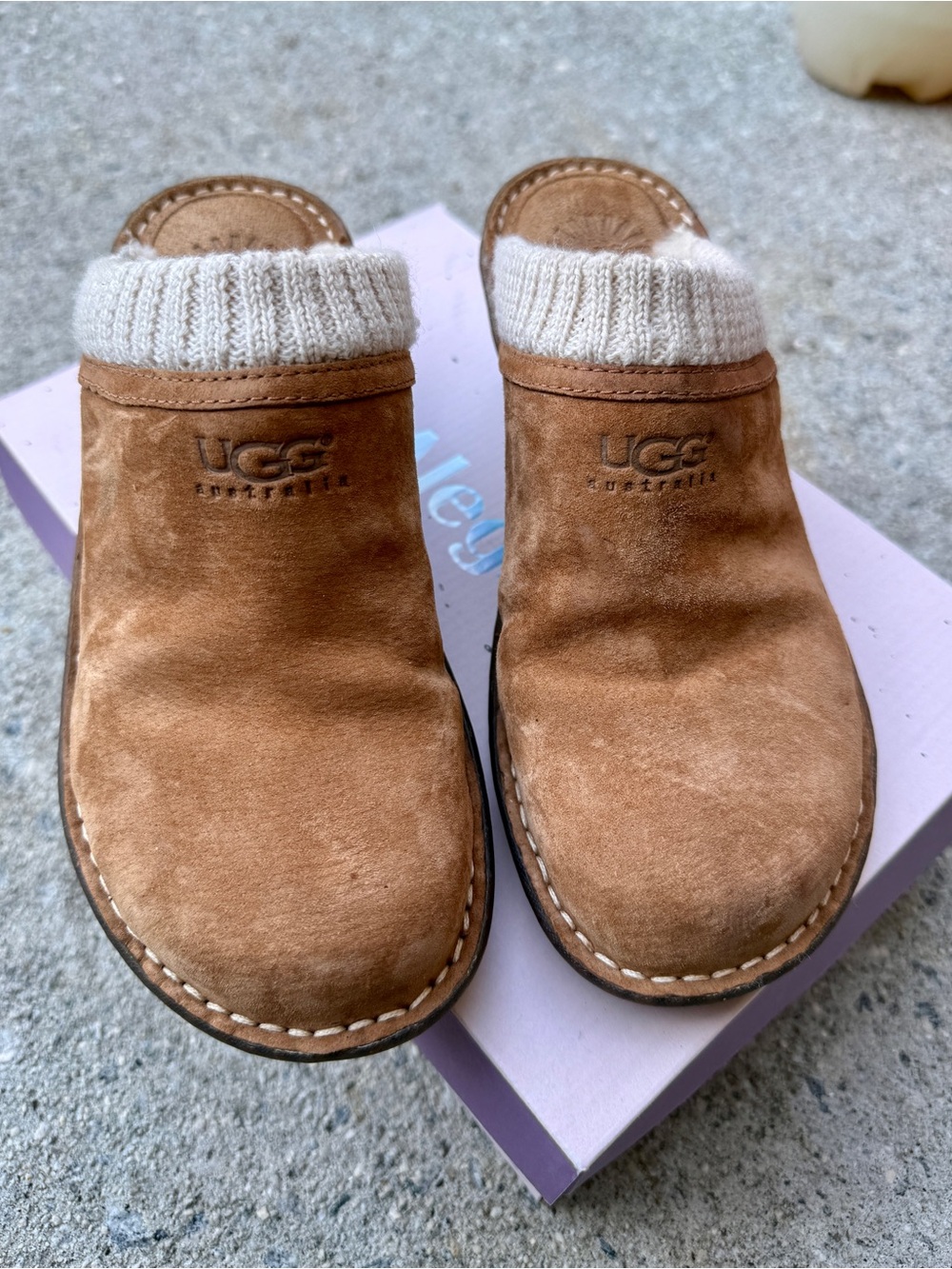 UGG Chestnut Suede Slip-On Clogs with Cream Knit Collar